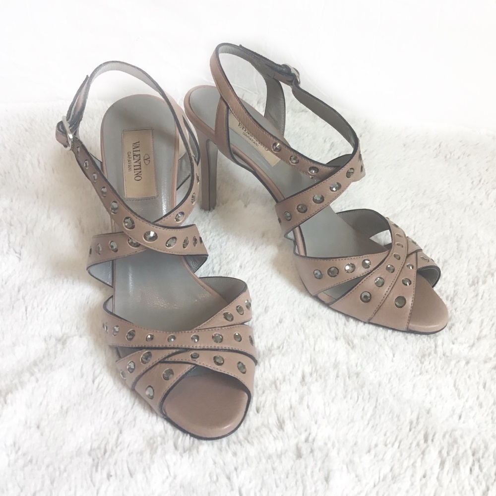 Valentino Garavani-Rose Leather Rhinestone Heels